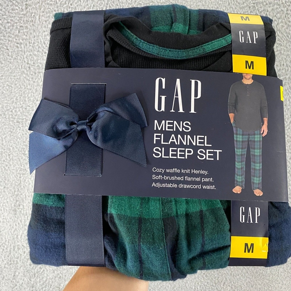 Gap Flannel Sleep Set Mens size Medium Tartan Plaid Pants Henley Waffle Knit NEW